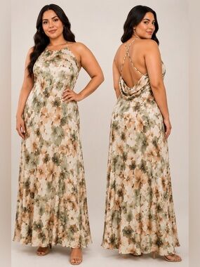 Forever 21 Plus 3X Floral Halter Maxi Dress Open Back Watercolor Print